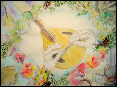 Hands making mandolin with maple leaves and sitka spruce needles