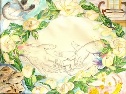 Magnolia leaves with fish,flowers, Buddhist monk and cookies