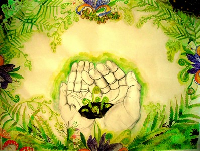 Wild iris with mushrooms and ferns in hands