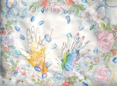 Blue roses spiral and hands with otters
